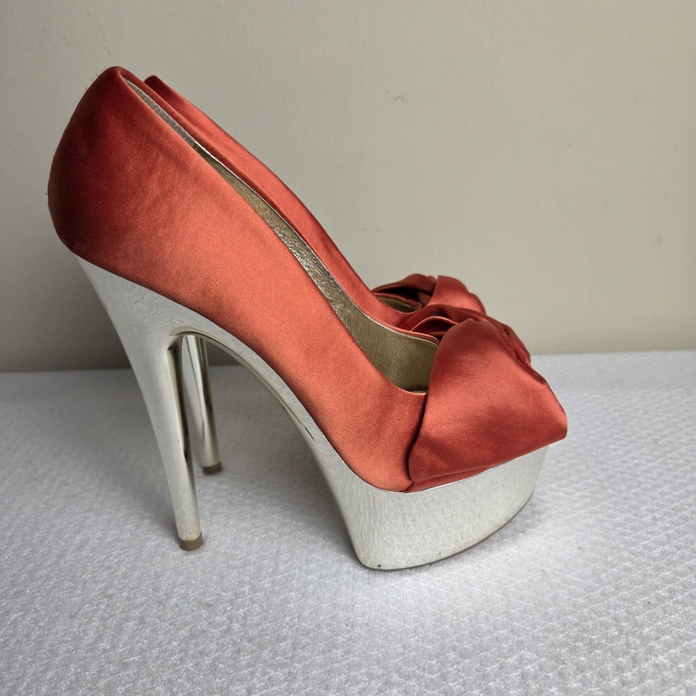 Steve Madden Moskow Orange Satin Peep Toe Bow Platform Stiletto Heels 7.5M